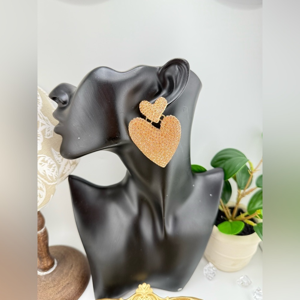 Statement Heart Earrings | Gold-Tone Rhinestone Drop Dangles - Picture 10 of 10
